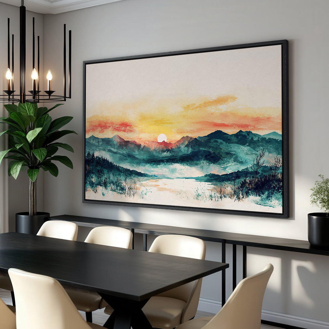 Framed Wall Art: Watercolor landscape Canvas Print in teal, orange, and yellow. Modern art for dining room decor. Enhance your home with this beautiful piece.