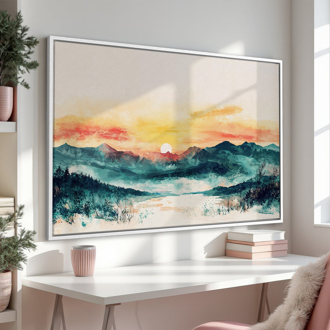 Framed Wall Art: Watercolor mountain landscape in teal, orange, and yellow. Modern art for home decor. Add a touch of nature to your space!