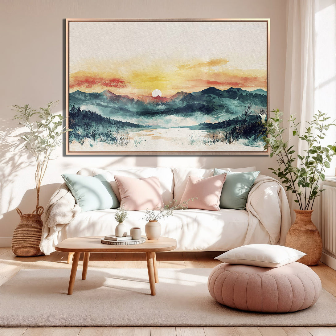 Framed Wall Art: Watercolor landscape Canvas Print with sunset over mountains. Serene art in teal, orange, and yellow, perfect for living room decor.