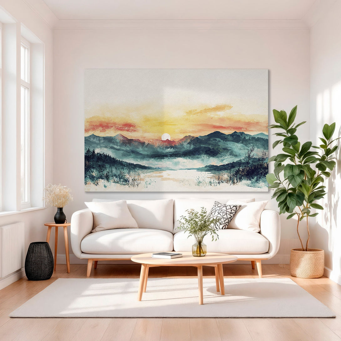 Framed Wall Art: Watercolor landscape Canvas Print in teal, orange, and yellow. Perfect for living room decor. Enhance your home with stunning artwork.