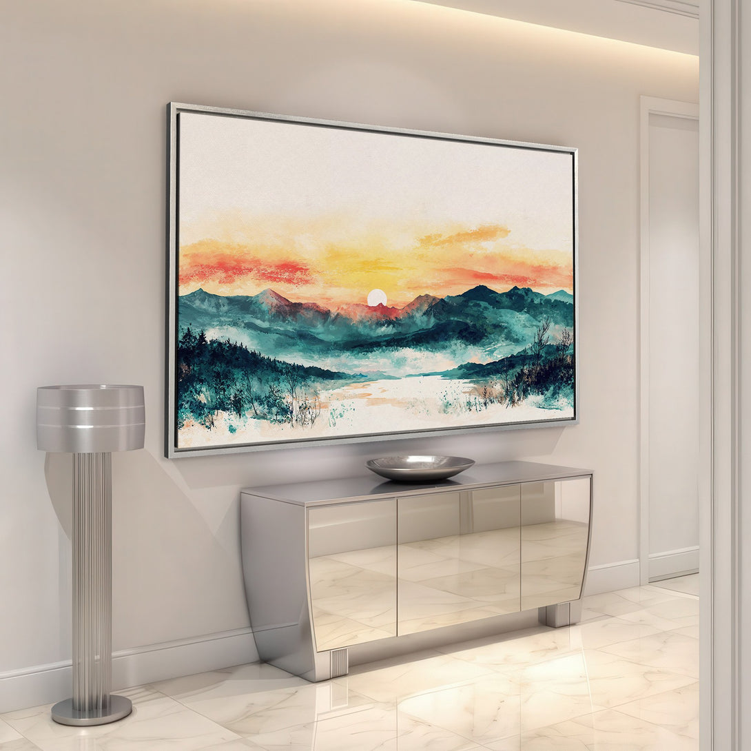 Framed Wall Art: Watercolor landscape Canvas Print with sunset over mountains. Teal, orange, and yellow color palette. Perfect for modern home decor.