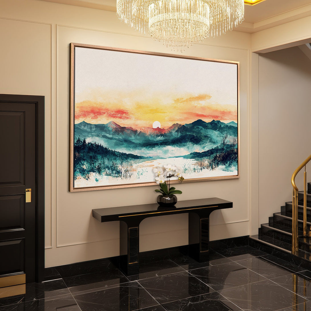 Framed Wall Art: Watercolor landscape Canvas Print with teal, orange, and yellow hues. Perfect for adding a touch of nature to your home decor.