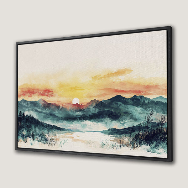 Framed Wall Art: Watercolor mountain landscape Canvas Print in calming blues, greens, and warm sunset hues. Perfect for modern home decor.