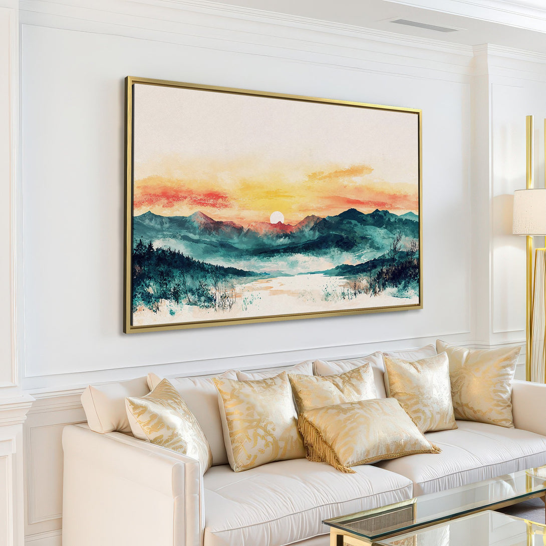 Canvas Print of a watercolor mountain landscape in teal, orange, and yellow hues, displayed in a modern living room.
