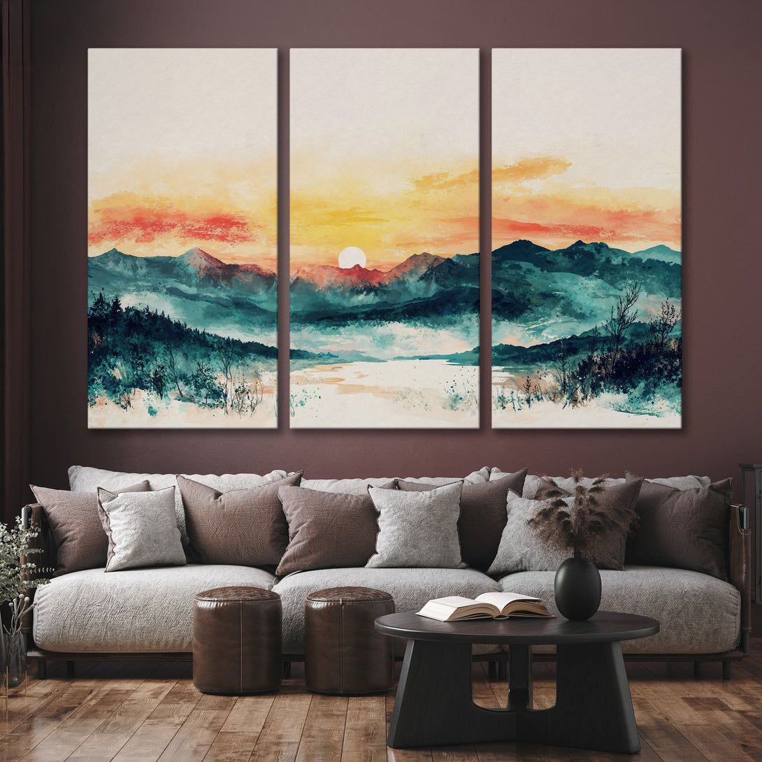 Canvas Print of a watercolor sunset over mountains, featuring teal, orange, and beige tones. Perfect for modern home decor.
