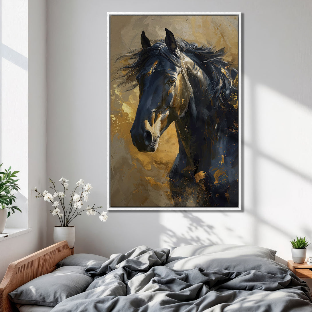 Framed Wall Art: Stunning black horse portrait in a bedroom. Abstract style with gold and neutral tones. Elevate your space with this elegant canvas print!