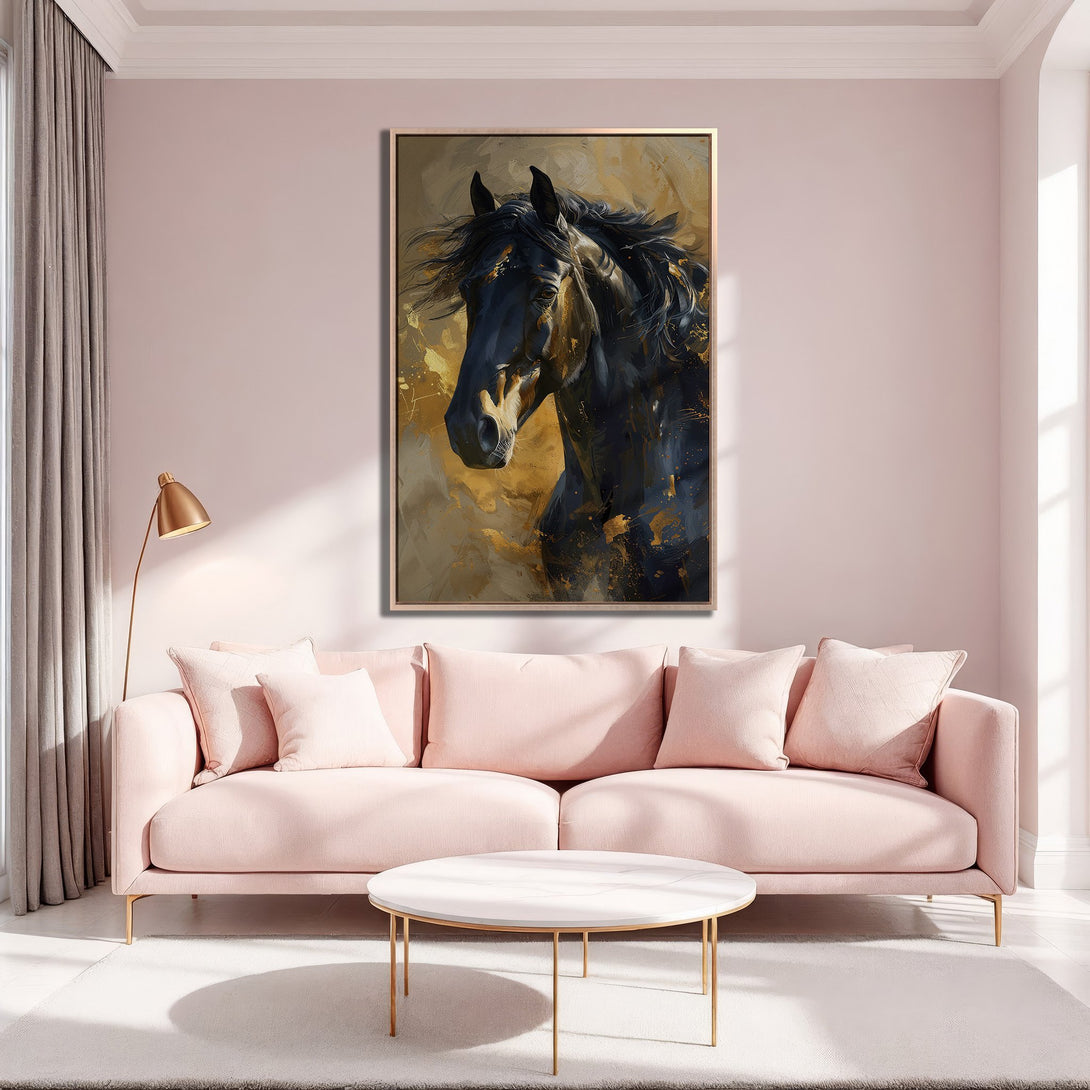Framed Wall Art: Black horse portrait in gold and navy tones. Modern abstract style. Perfect for blush pink living rooms.