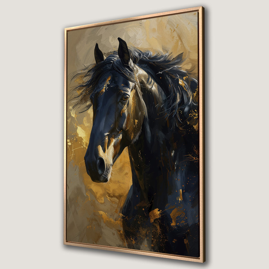 Framed Wall Art featuring a majestic black horse. Abstract style with gold and navy accents on a canvas print, perfect for modern decor.