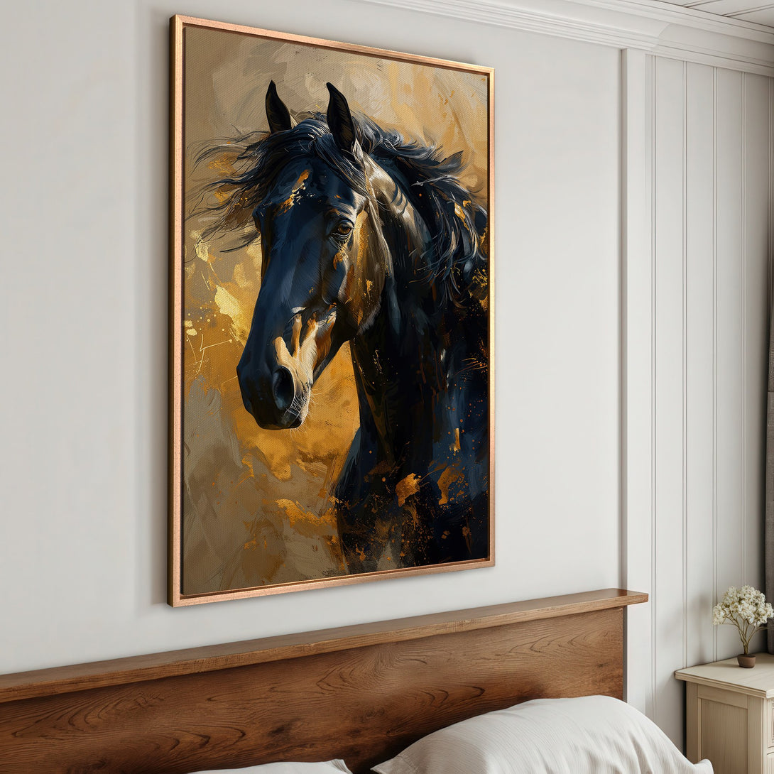 Framed Wall Art: Stunning black horse portrait with gold accents. Modern abstract style, warm neutral & gold color palette. Perfect for bedroom decor.