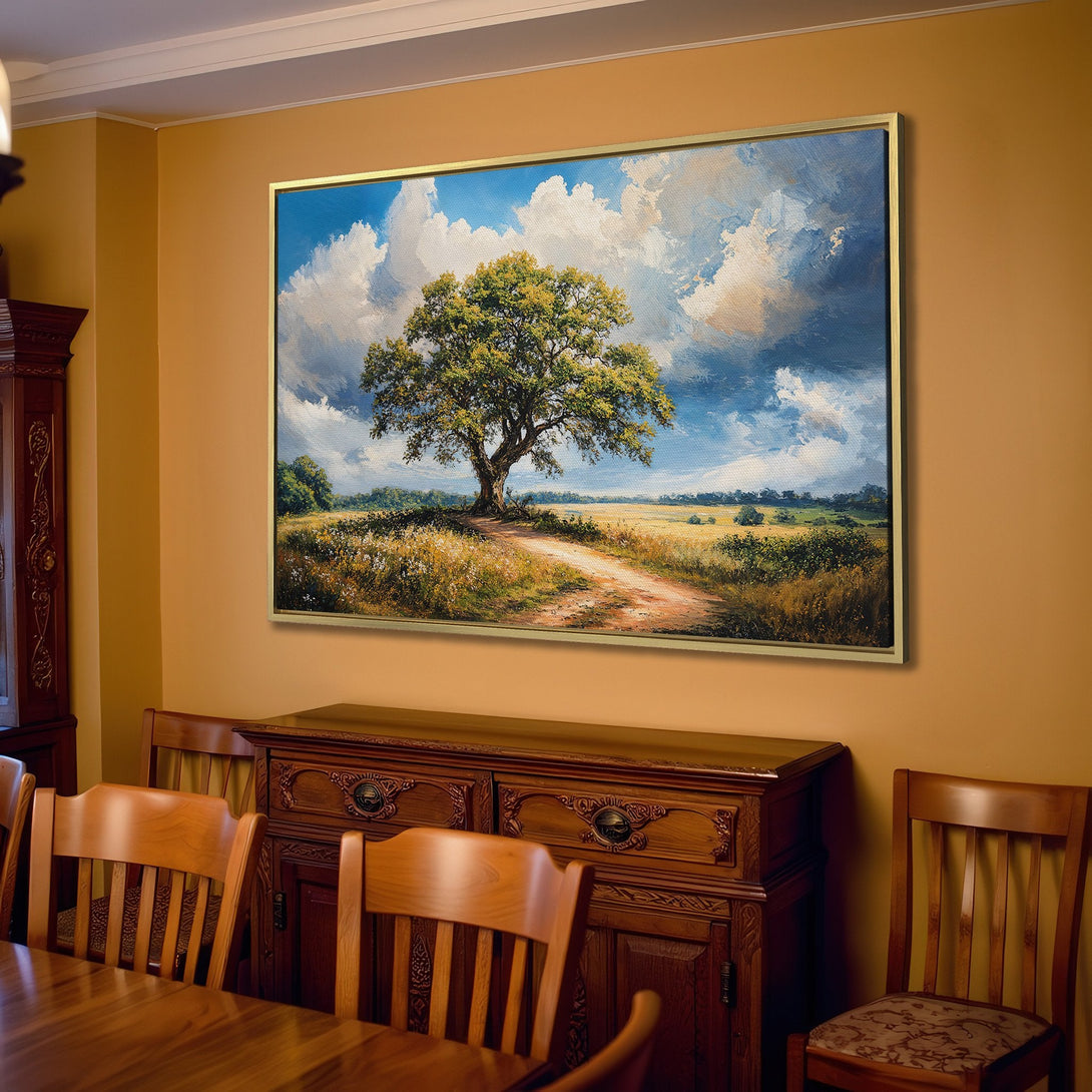 Canvas Print of a serene landscape painting featuring a large tree, blue sky, and warm color palette, perfect for adding a touch of nature to any room.