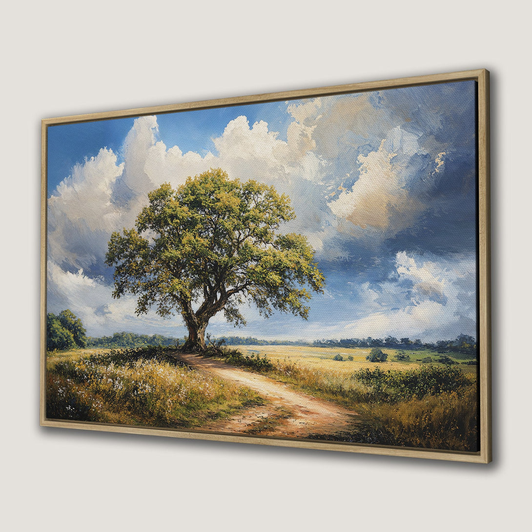 Framed Wall Art: Landscape Canvas Print featuring a vibrant tree, blue sky, and warm color palette. Perfect for adding nature-inspired art to your home.