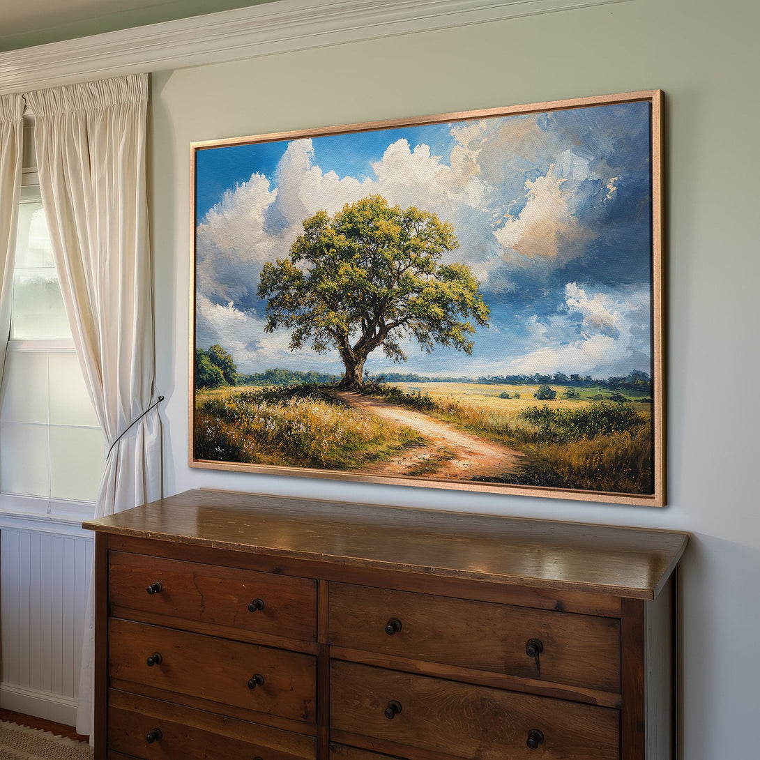 Framed Wall Art: Landscape Canvas Print featuring a majestic tree, impressionistic style, with a blue, green, and yellow color palette. Perfect for home decor!
