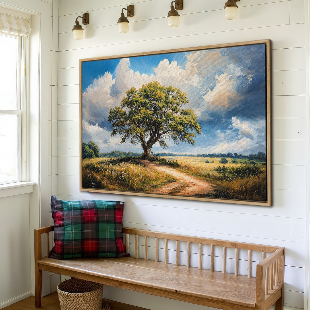 Framed Wall Art: Landscape painting of a tree with a path, featuring a blue sky and warm color palette. Perfect for rustic home decor.