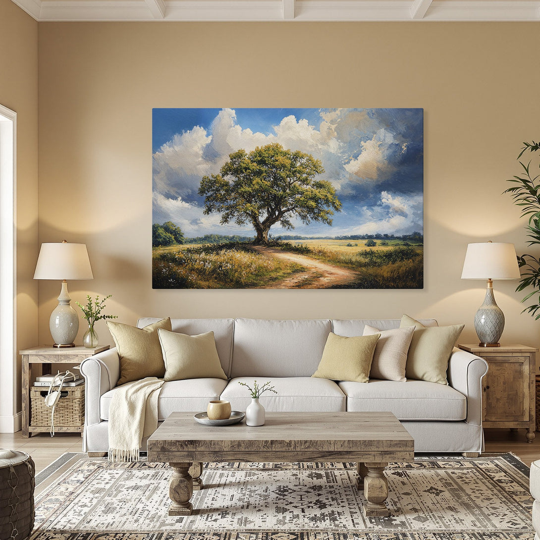 Framed Wall Art: Landscape Canvas Print with a tree, impressionistic style, and a warm, earthy color palette. Perfect for home decor.