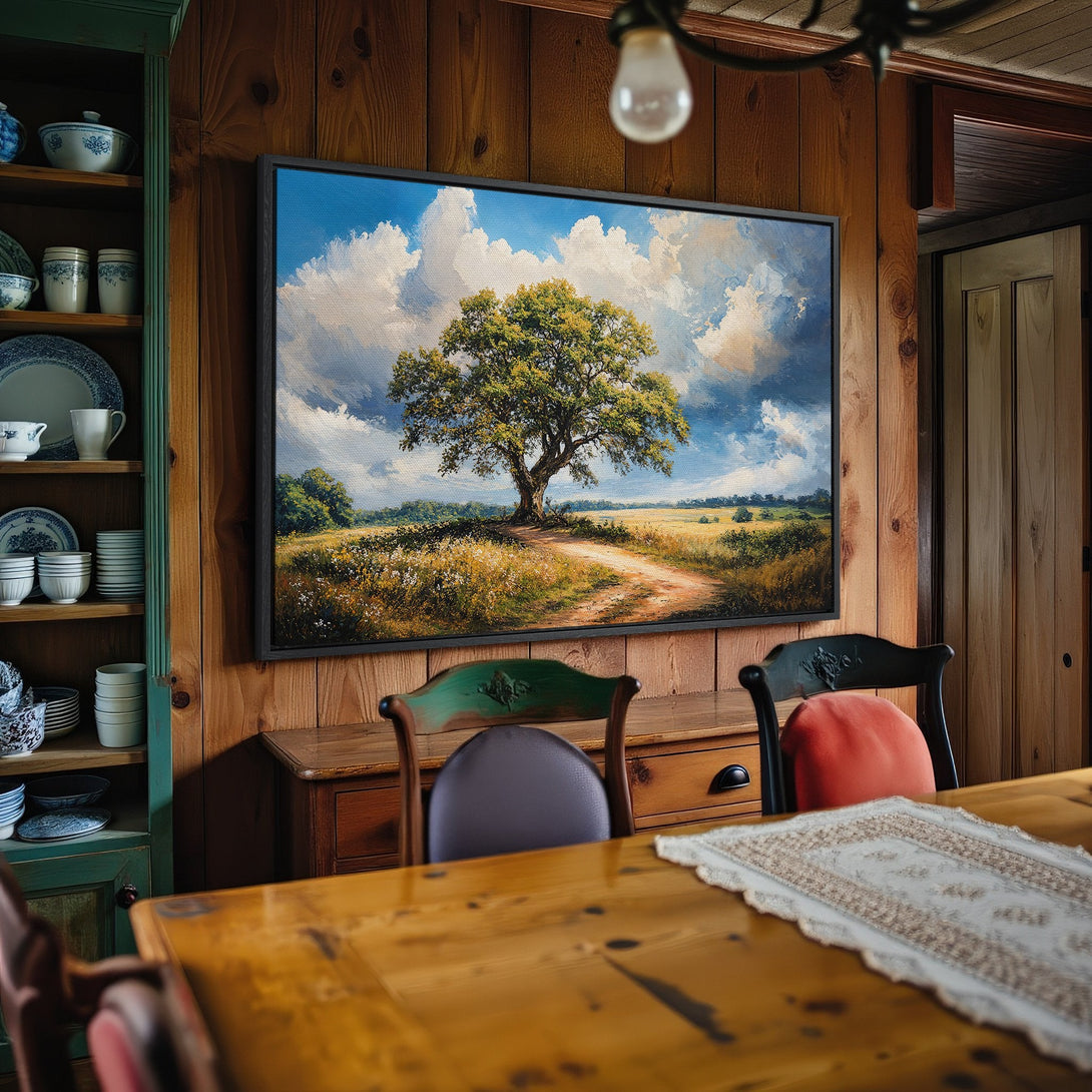 Framed Wall Art: Landscape painting of a tree with blue sky and clouds. Rustic style, warm color palette, perfect for any home.