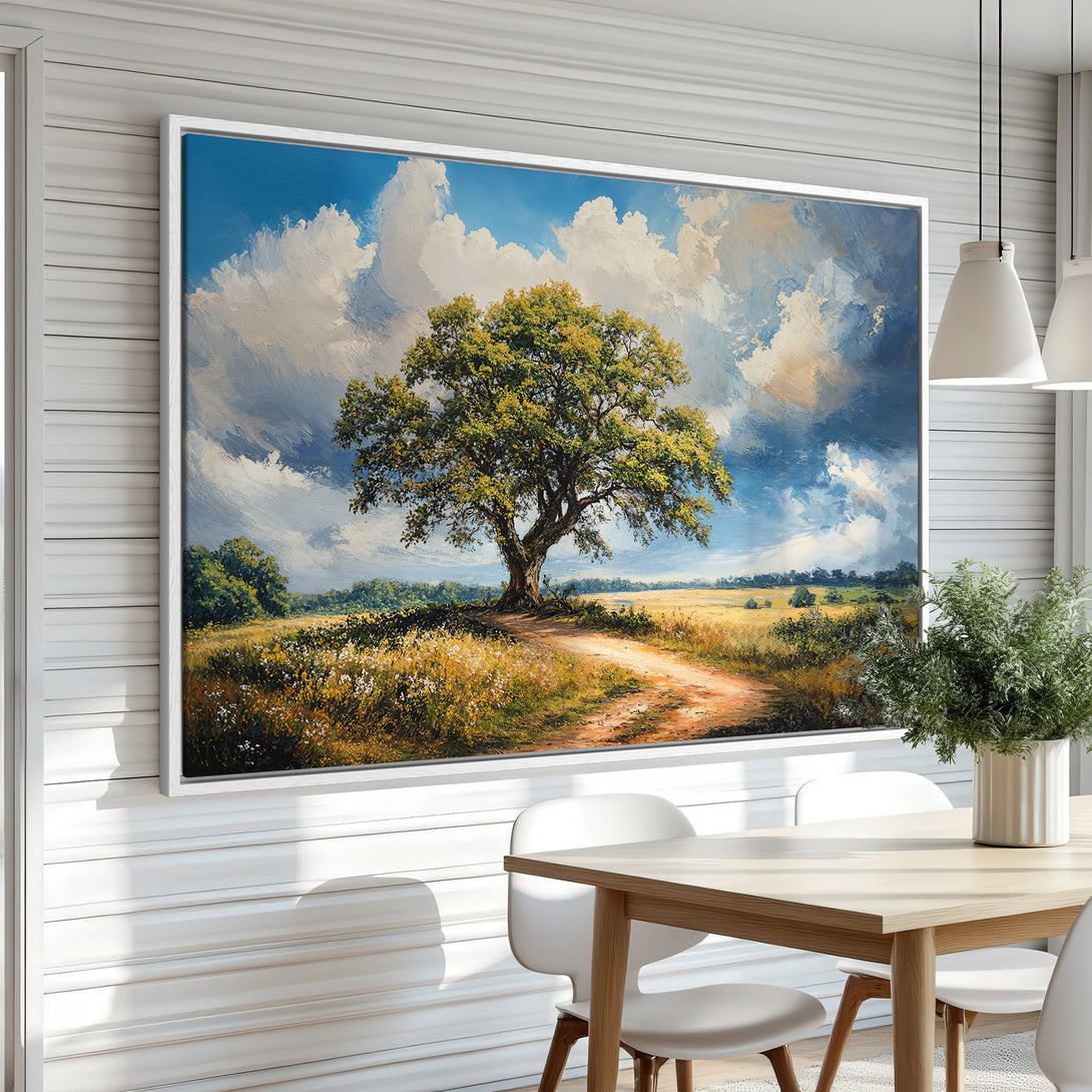 Framed Wall Art: Landscape painting of a tree in a field with a blue sky, impressionistic style, warm color palette. Perfect home decor.