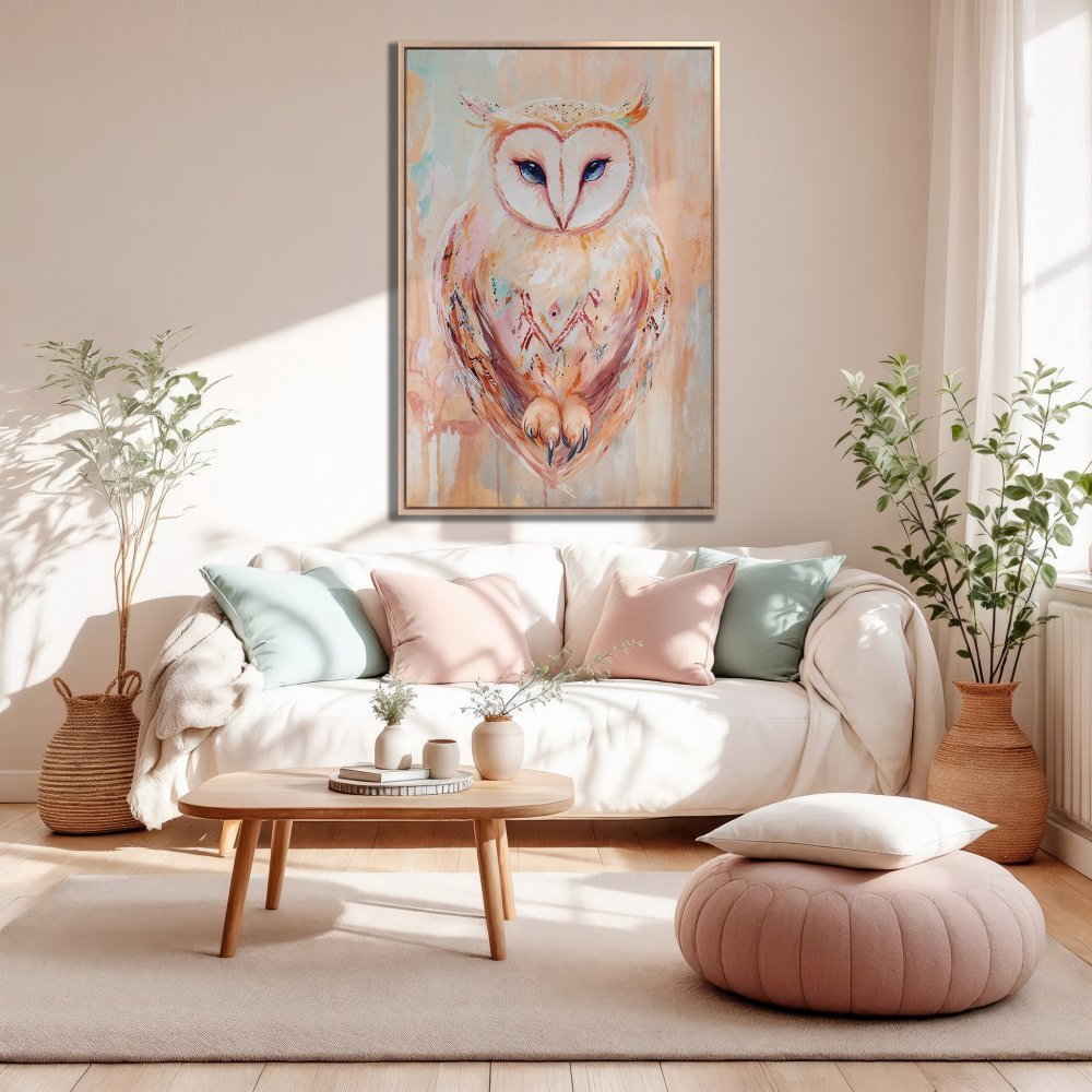Framed Wall Art: Abstract owl painting in warm peach and blue tones. Perfect for adding a touch of bohemian style to your home decor.