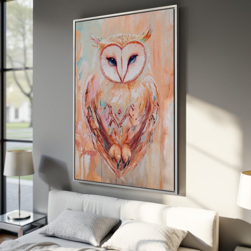 Framed Wall Art: Whimsical owl painting in warm peach and teal tones. Add a touch of artful charm to your space with this stunning Canvas Print!