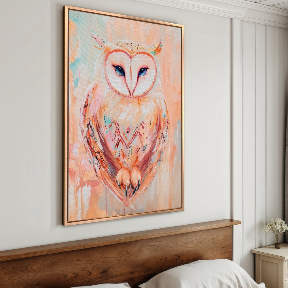 Framed Wall Art: Colorful owl painting in warm peach tones. Add a touch of boho style to your home with this beautiful canvas print!
