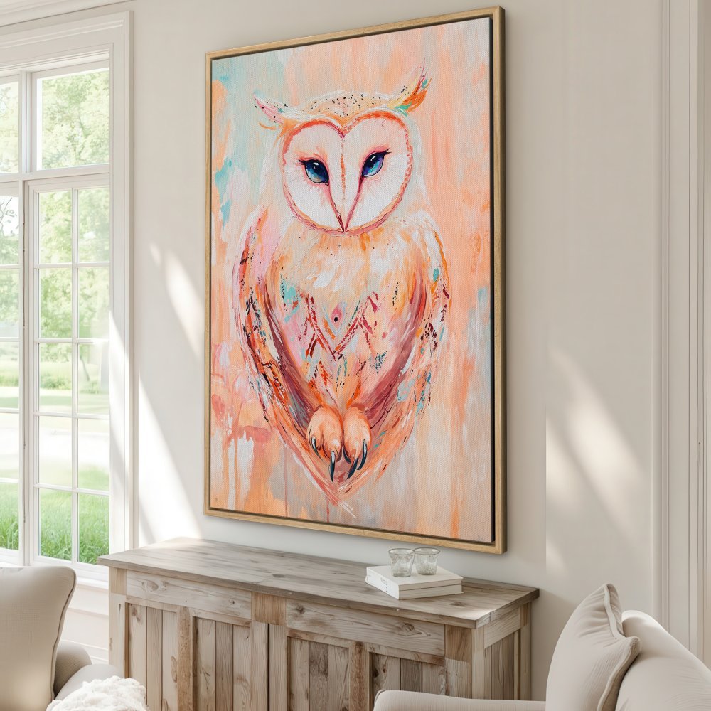 Framed Wall Art: Whimsical owl painting in warm peach and teal tones. Add a touch of artful charm to your home with this beautiful Canvas Print!