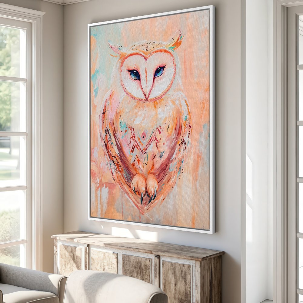Canvas Print of a vibrant owl painting in a modern style, featuring a warm peach and teal color palette. Perfect wall art for any room!