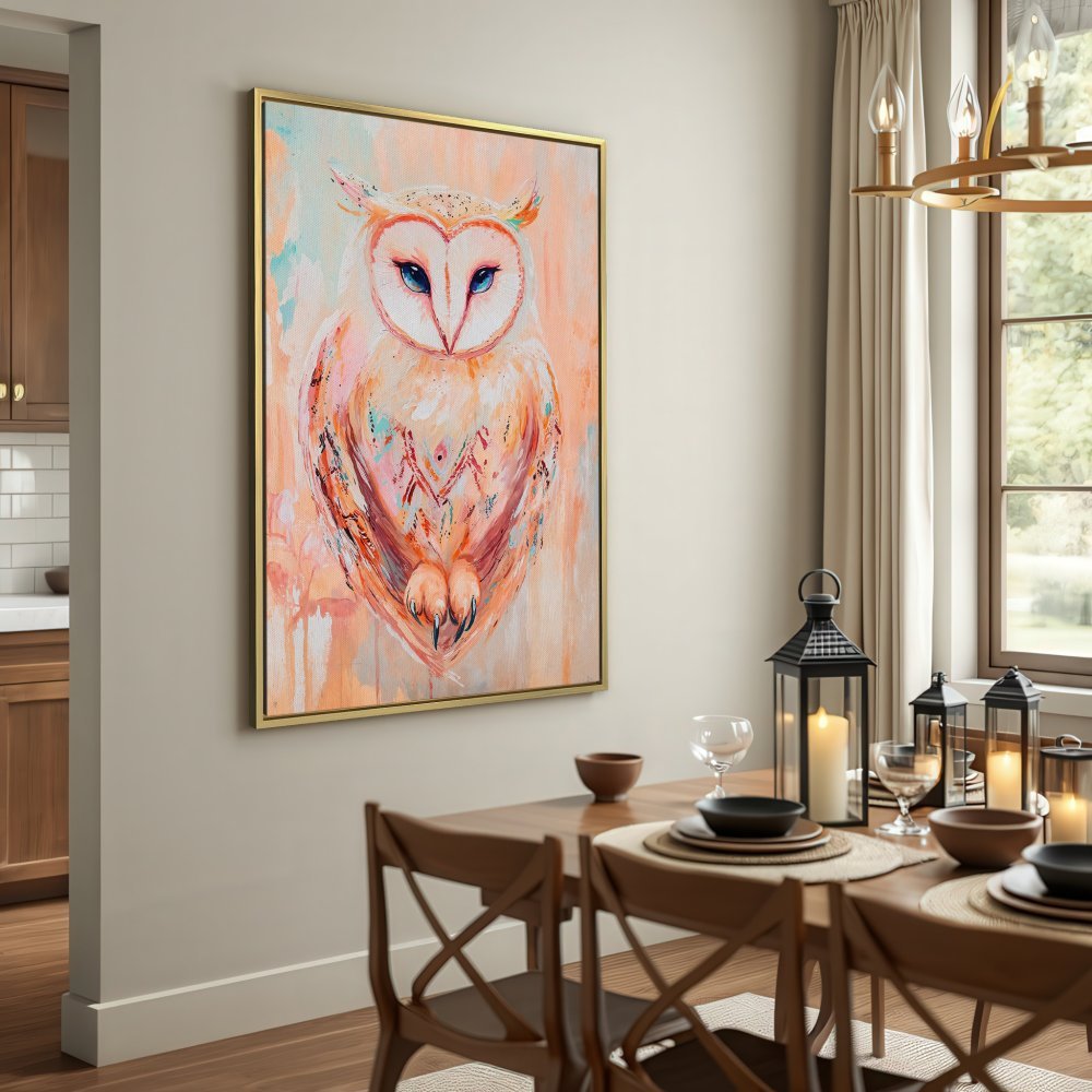 Canvas Print featuring a vibrant owl painting with warm peach and turquoise hues. Add artistic flair to your space!