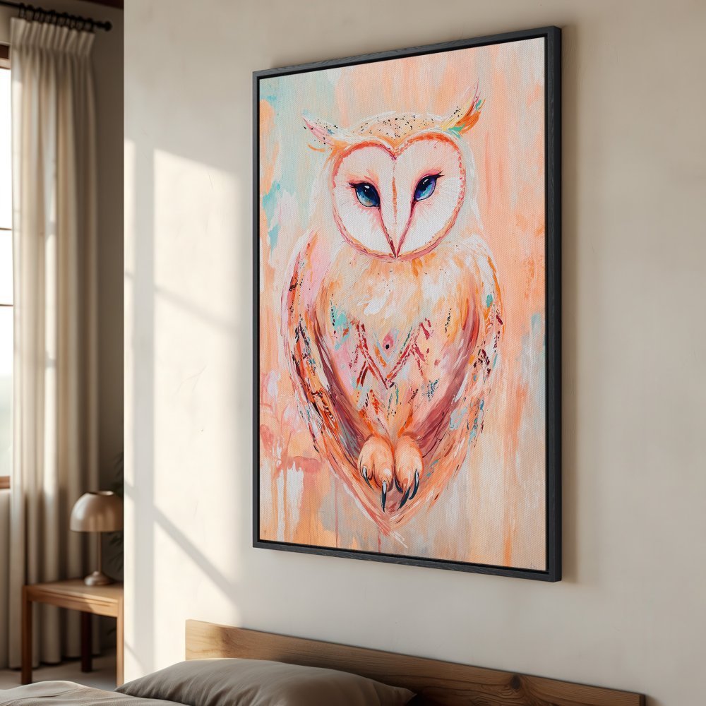 Framed Wall Art: Abstract owl painting in warm peach and teal tones. Add a touch of bohemian style with this stunning Canvas Print.