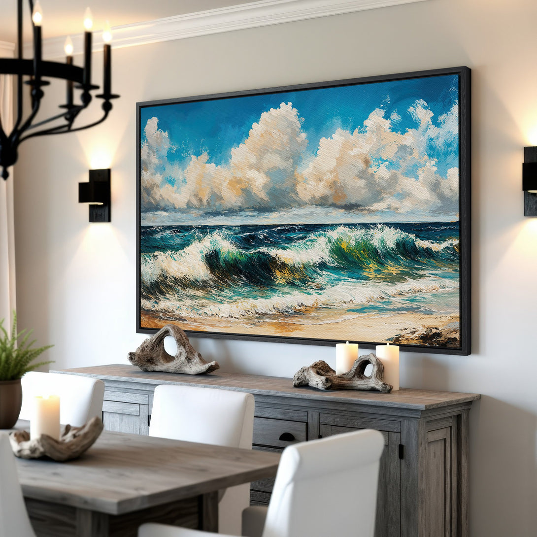 Framed Wall Art: Ocean waves canvas print in a dining room. Coastal art with blue, green, and beige tones. Perfect for beach house decor!