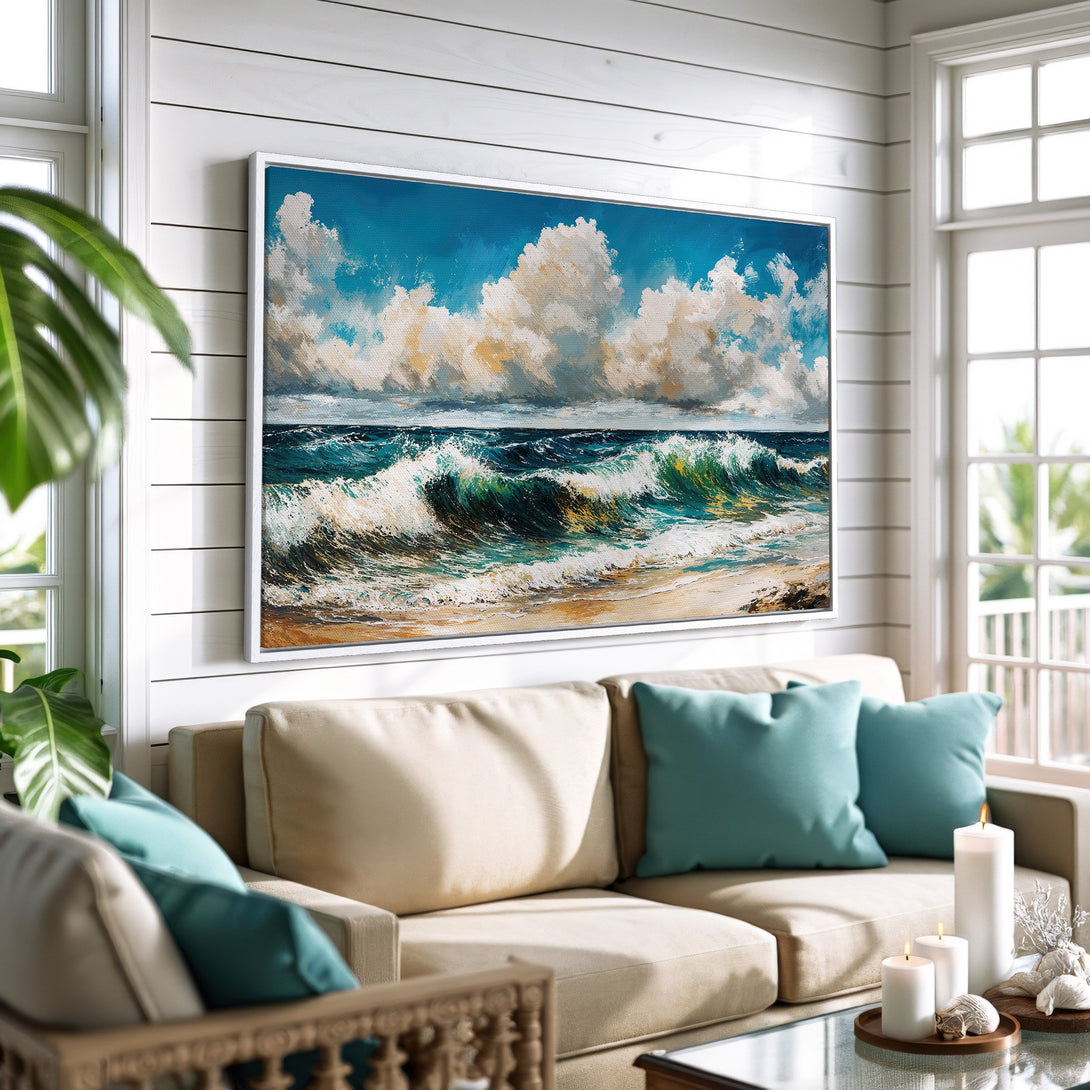 Framed Wall Art featuring an ocean wave painting. Coastal style art with a blue, white, and teal color palette. Perfect for adding a calming touch to your home.