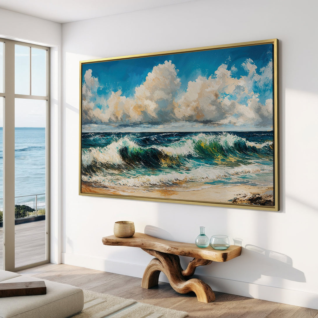 Canvas Print of a vibrant ocean wave painting. Coastal artwork in blue, green, and white tones, perfect for adding a touch of serenity to your home decor.