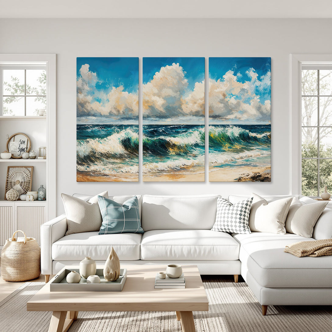 Canvas Print of ocean waves in a coastal style, featuring a blue, teal, and beige color palette. Perfect wall art for a serene living room.