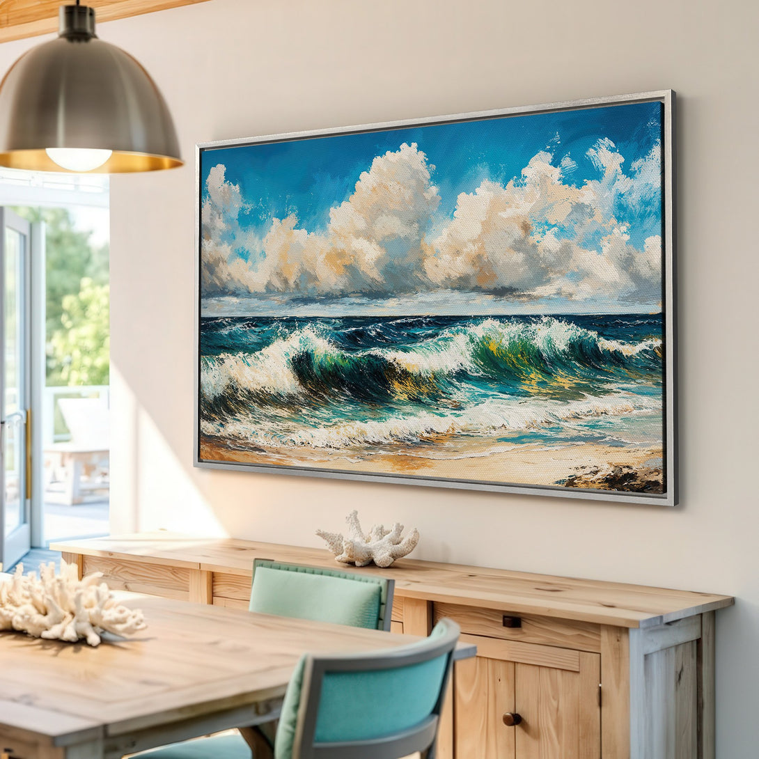 Framed Wall Art of ocean waves in blue and green hues. Coastal art print adds a calming touch to any interior.