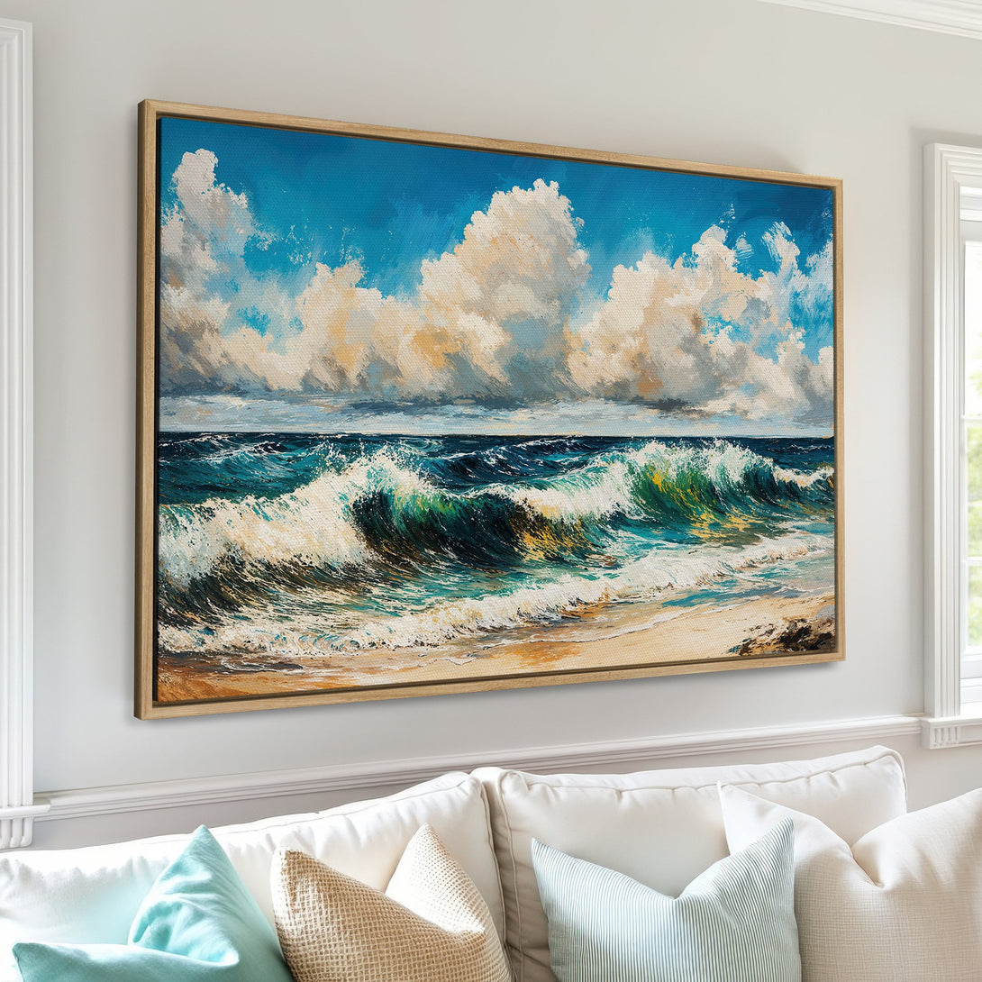 Framed Wall Art: Coastal waves canvas print in blue, teal, and beige. Bring the beach home with this stunning ocean scene!
