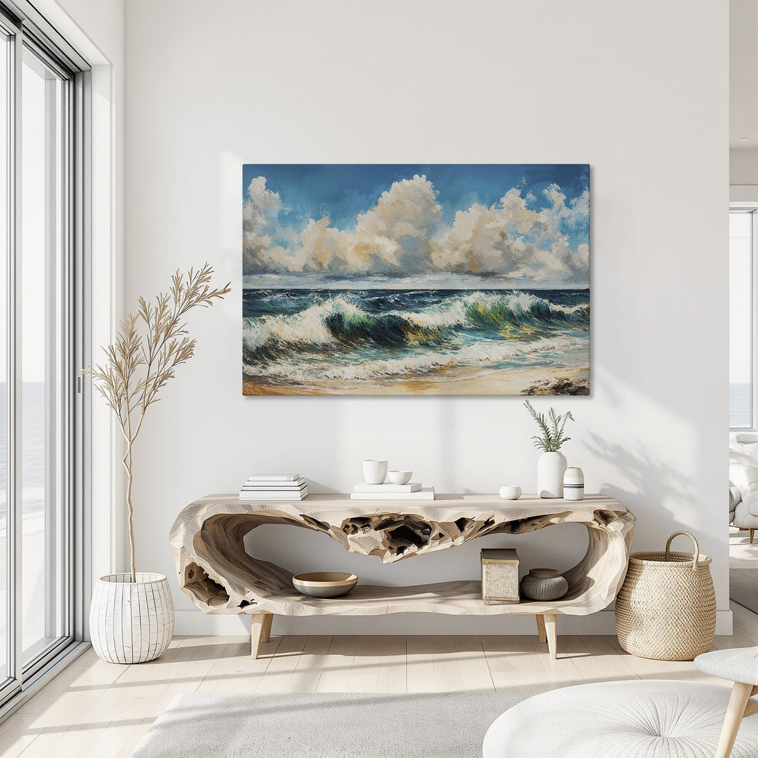 Framed Wall Art: Ocean wave painting in blue, turquoise, and gold. Coastal art canvas print adds a serene touch to any interior.