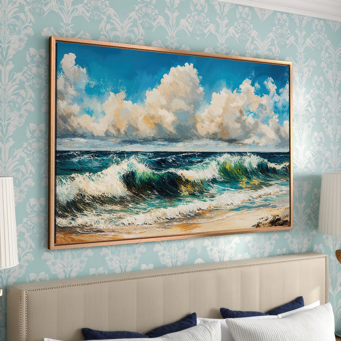 Framed Wall Art: Coastal waves painting in blue, green, and beige tones. Adds a touch of serenity to any room. Perfect for beach house decor.