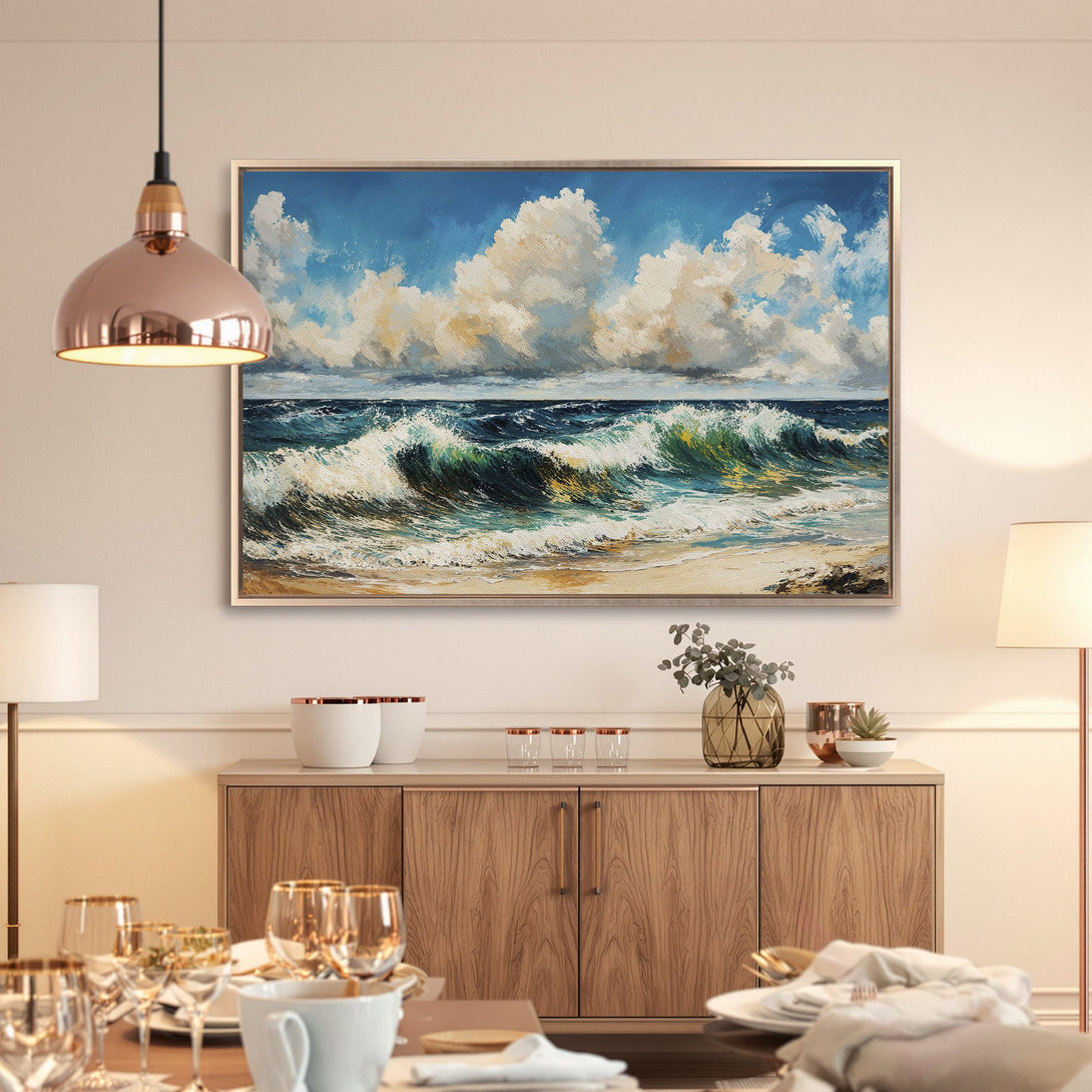 Framed Wall Art: Ocean waves canvas print in blue, green, and beige tones. Coastal artwork adds a touch of serenity to any space.