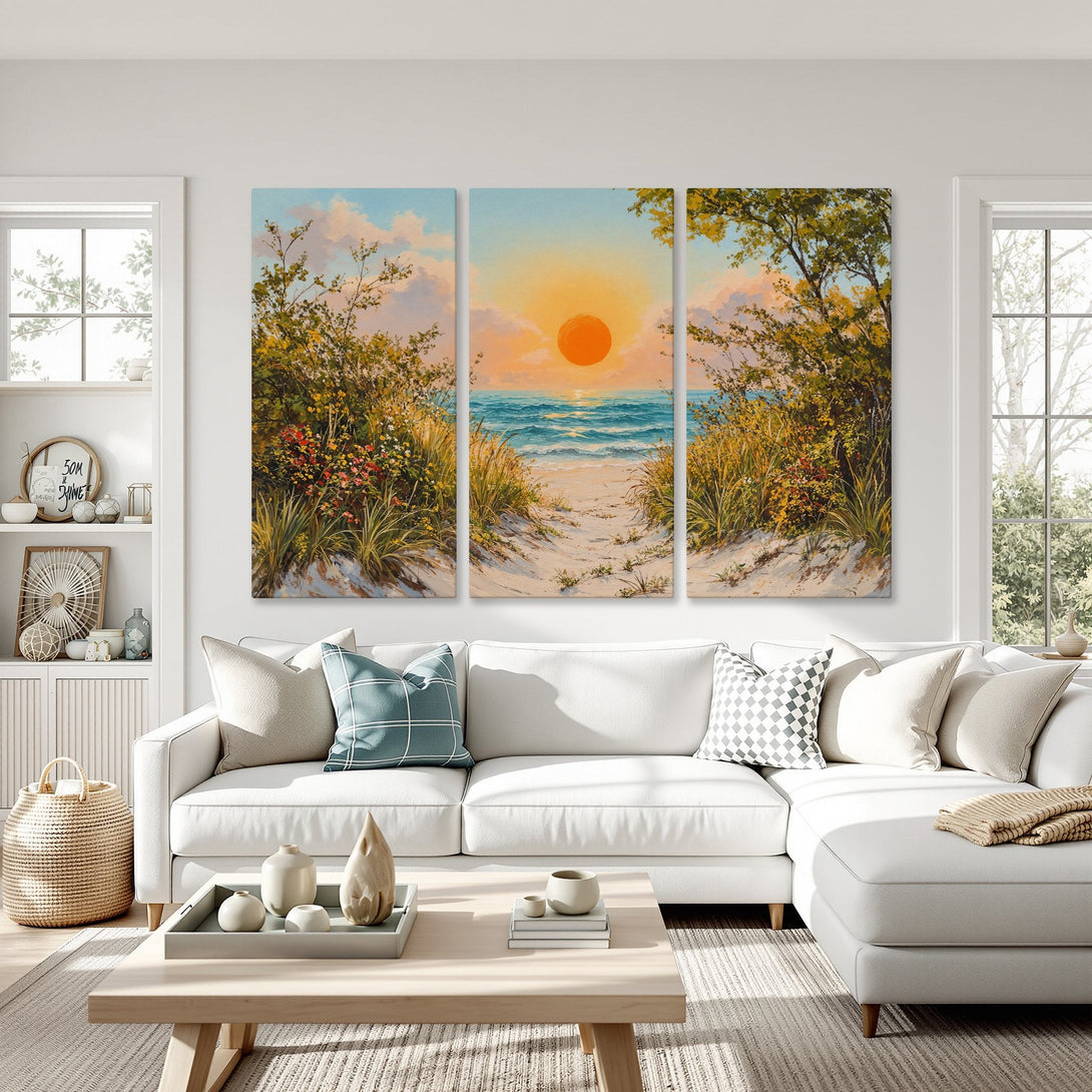 Canvas Print of a beach sunset scene, painted in a warm, impressionistic style. Features a vibrant orange, blue, and green color palette.