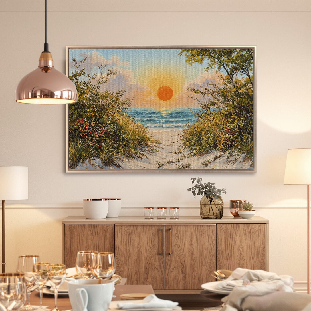 Framed Wall Art: Beach sunset canvas print in warm tones. Coastal landscape art perfect for adding a serene touch to your home decor.