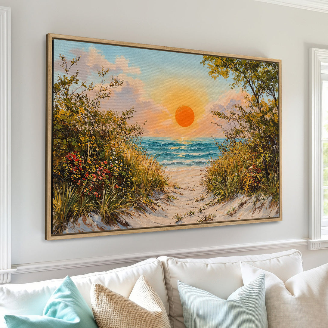 Framed Wall Art: Coastal sunset canvas print in warm tones. Beach scene with vibrant orange, blue, and green. Perfect for adding a touch of serenity to your home decor.