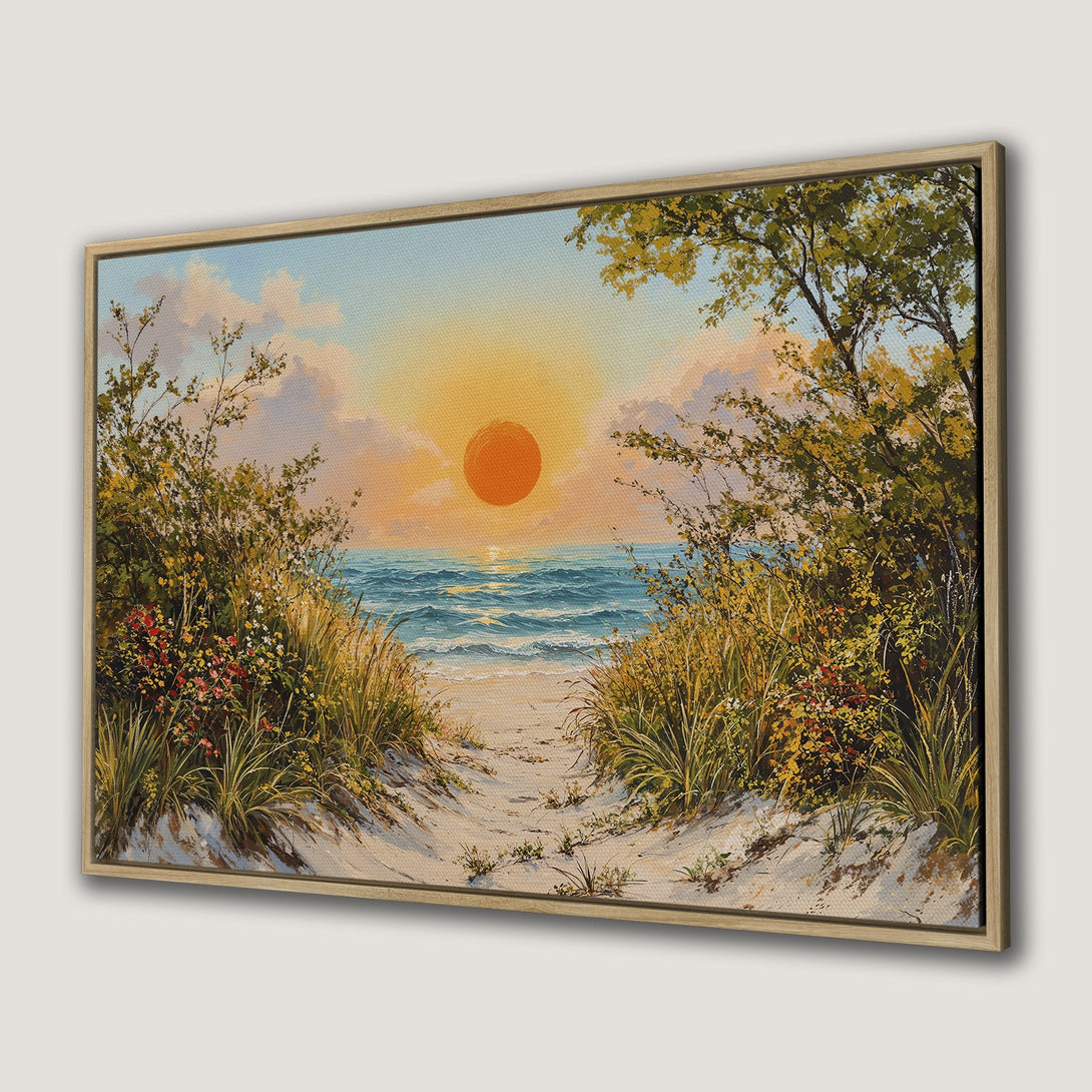 Framed Wall Art: Coastal sunset scene in warm tones. Canvas print features a beach path, ocean, and vibrant sky. Perfect for adding a touch of serenity.