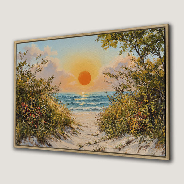 Framed Wall Art: Coastal sunset scene in warm tones. Canvas print features a beach path, ocean, and vibrant sky. Perfect for adding a touch of serenity.