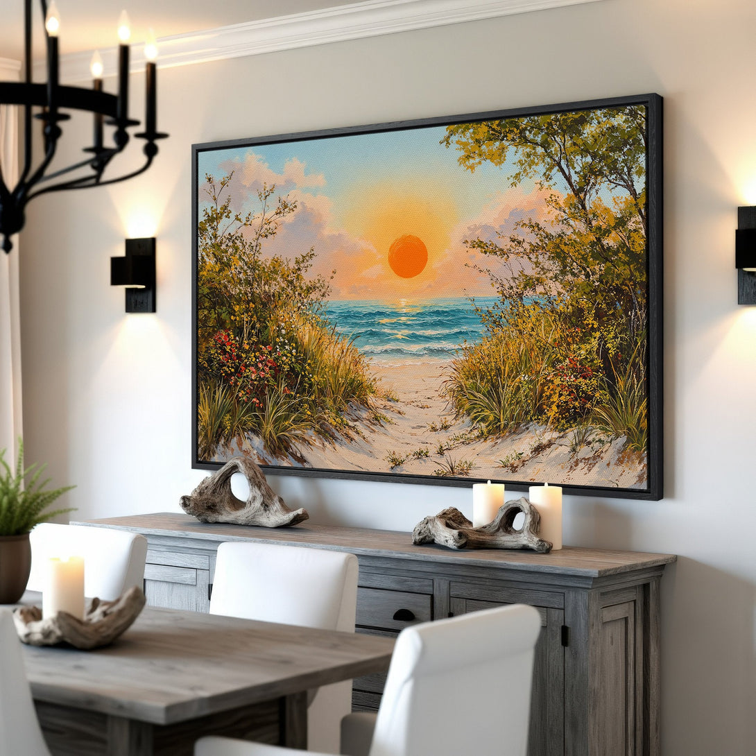 Framed Wall Art: Coastal sunset canvas print in a dining room. Warm orange, blue, and green tones. Perfect for adding serene vibes to your home decor.