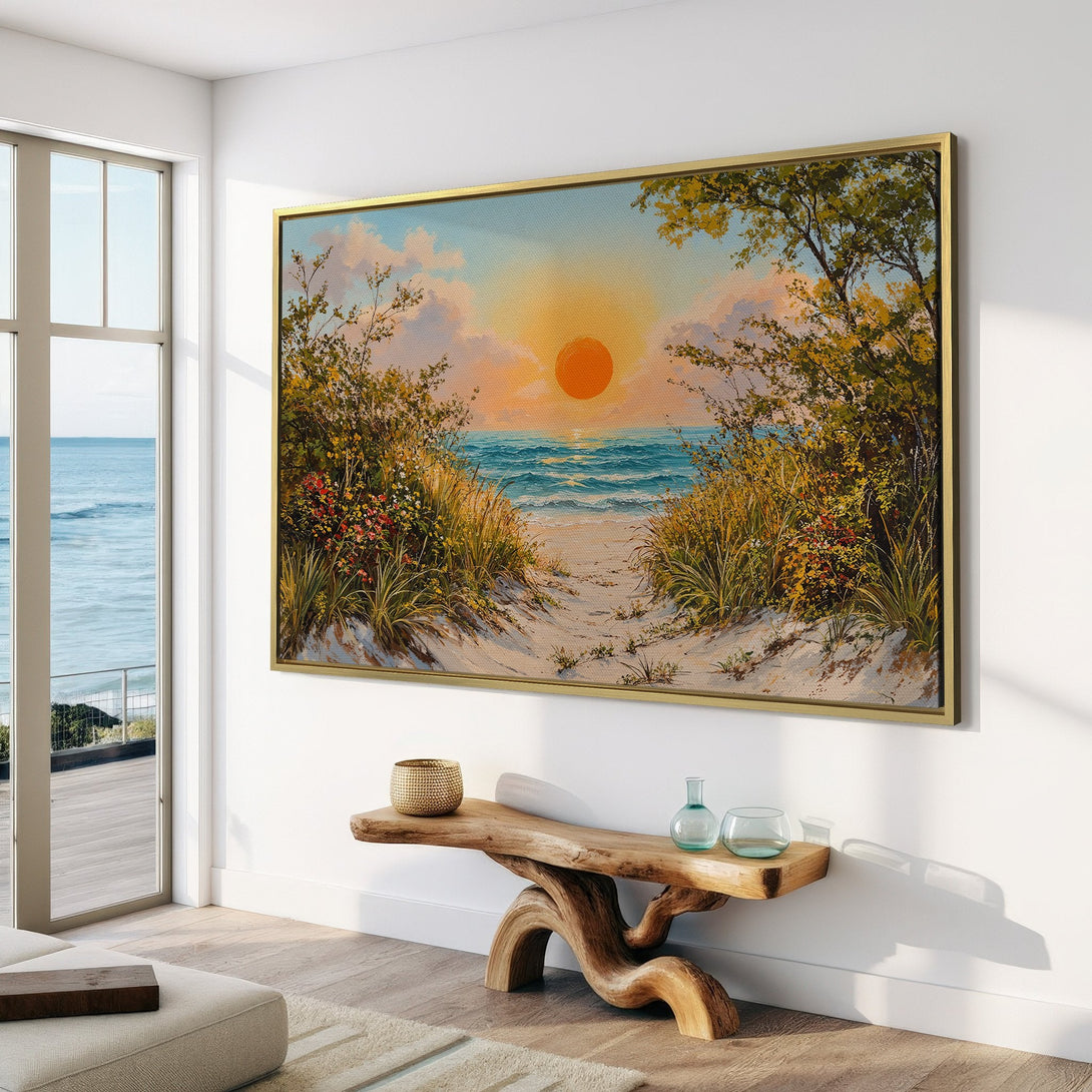 Canvas Print of a serene beach sunset scene in warm, inviting colors. Coastal wall art perfect for adding a touch of tranquility to your home.