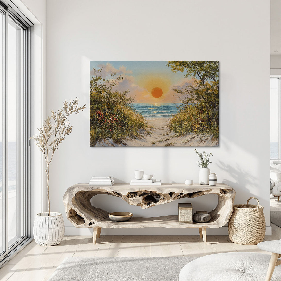 Framed Wall Art: Coastal sunset canvas print in warm tones. Beach scene with vibrant orange, blue, and green colors. Perfect for adding a touch of serenity.