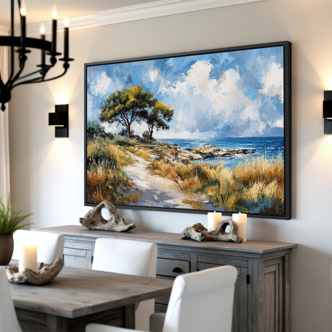 Framed Wall Art: Coastal landscape Canvas Print in blue, yellow, and green tones, perfect for adding a touch of serenity to your home decor.