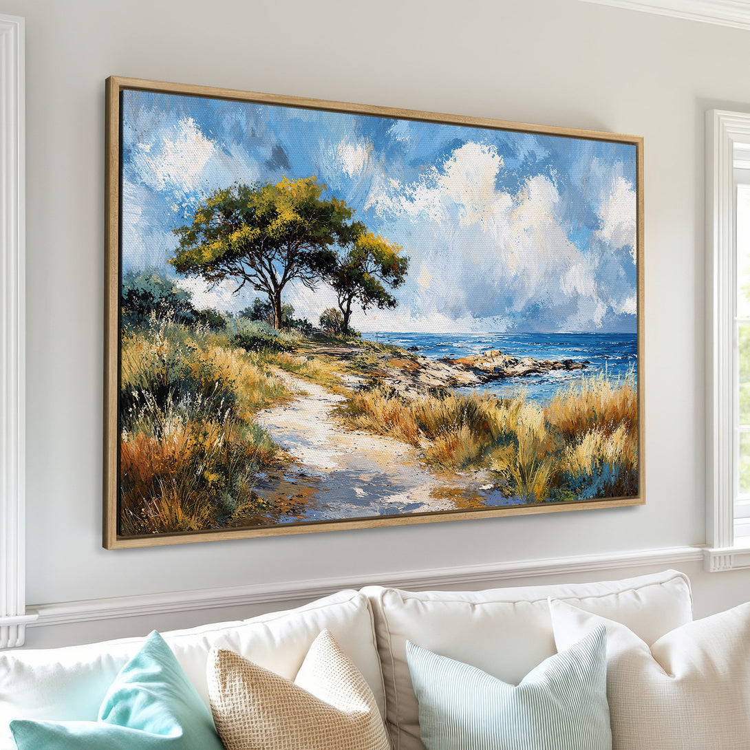 Framed Wall Art: Coastal landscape Canvas Print with blue, green, and gold hues. Adds a touch of nature's beauty to any space. Shop now!