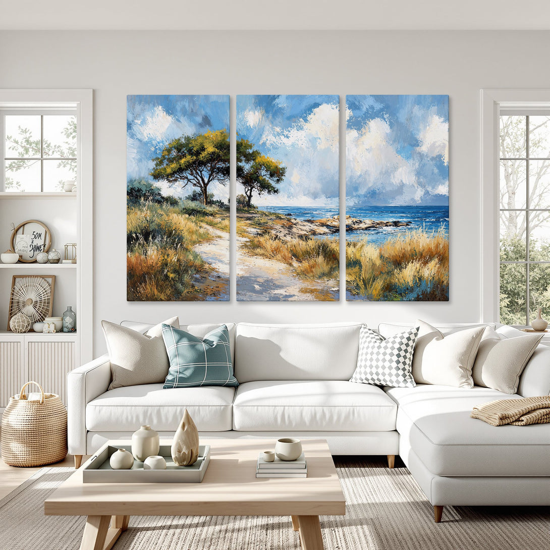 Canvas Print of coastal landscape art. Impressionistic style with blue, green, and yellow hues. Adds a serene touch to any living room.