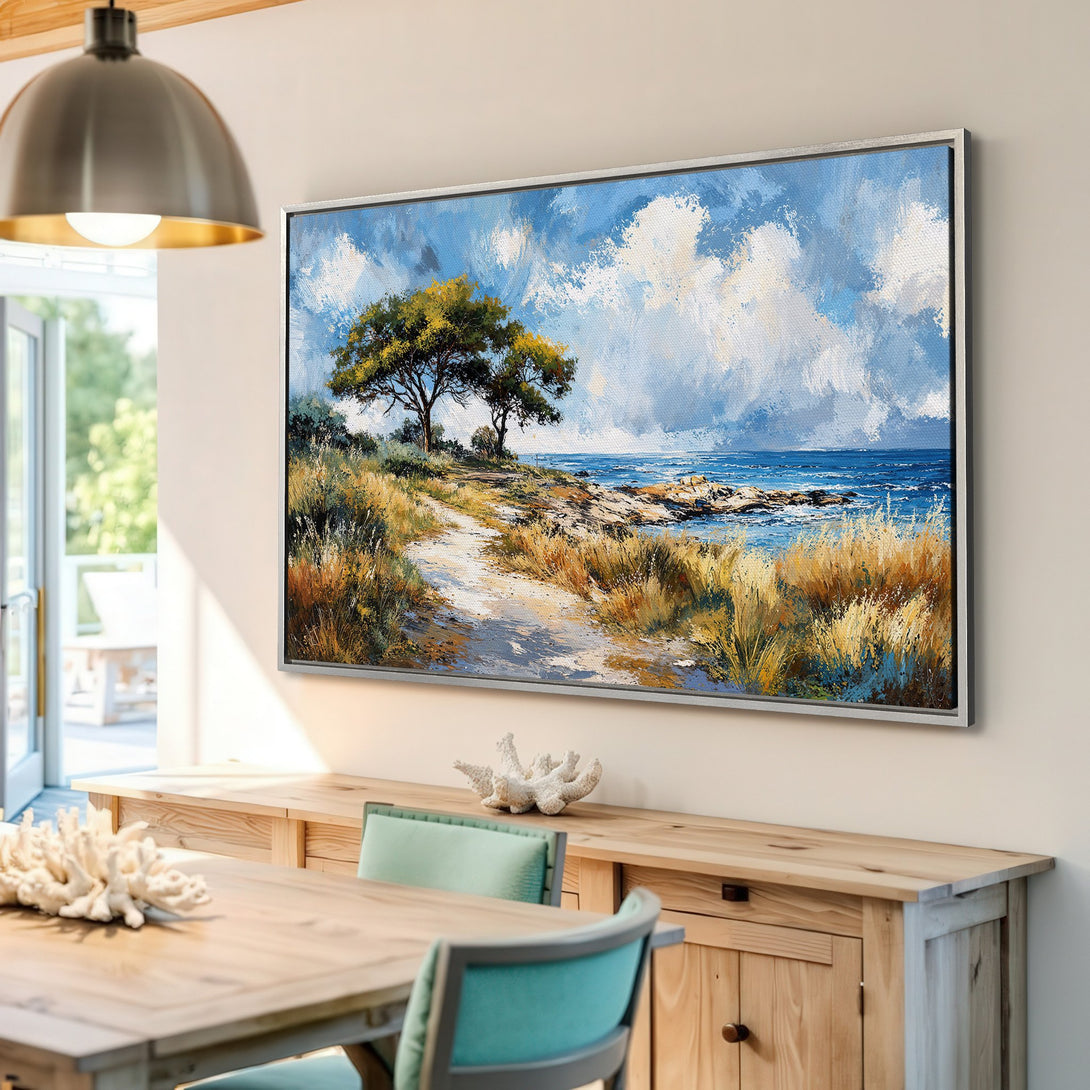 Framed Wall Art: Coastal landscape Canvas Print in blue, yellow, and green. Impressionist style artwork adds a touch of nature to your home decor.