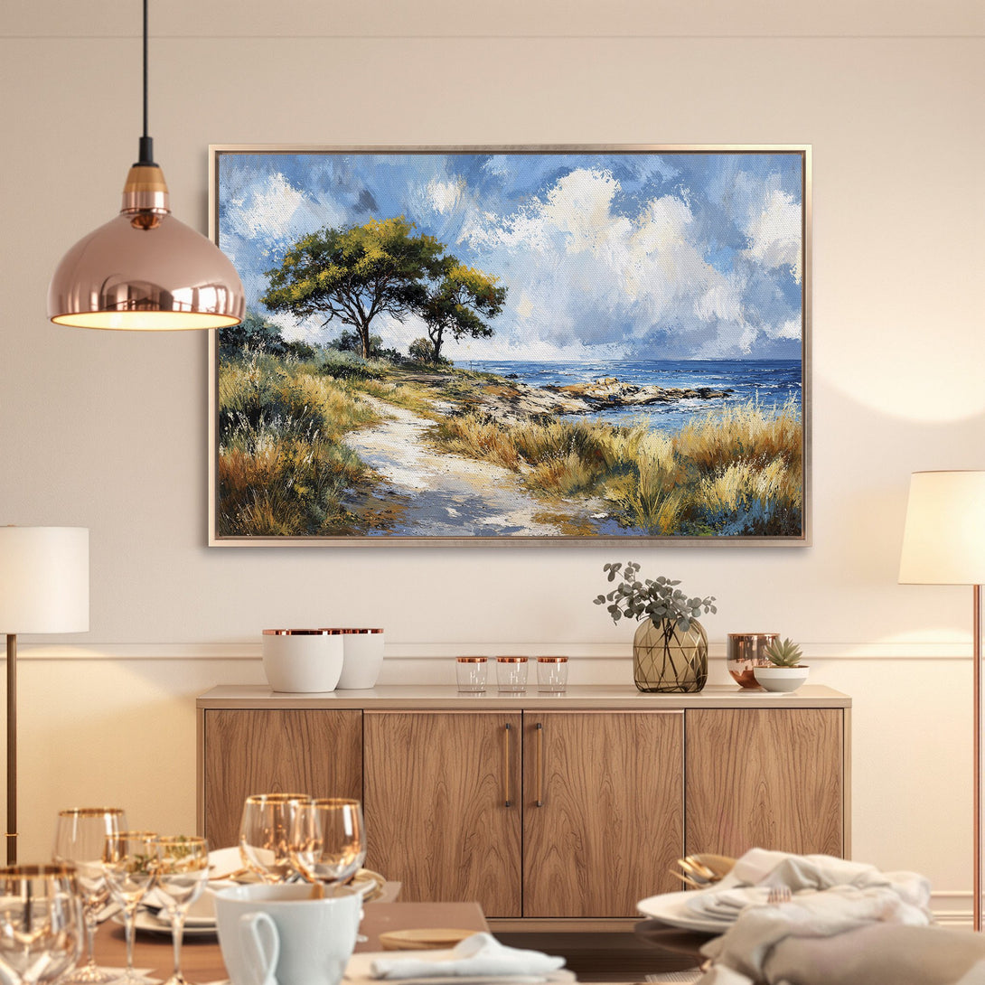 Framed Wall Art: Coastal landscape painting in blue, green, and gold. Elegant wall decor for dining room. Add a touch of nature to your home!