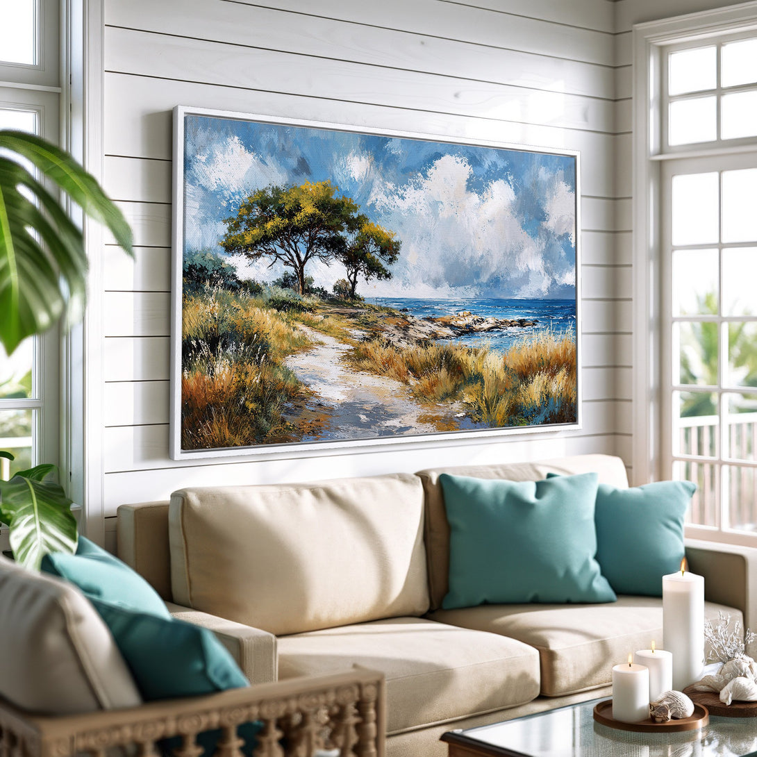 Framed Wall Art of a coastal landscape in blue and gold hues. Stunning Canvas Print adds a touch of serene beauty to any space.